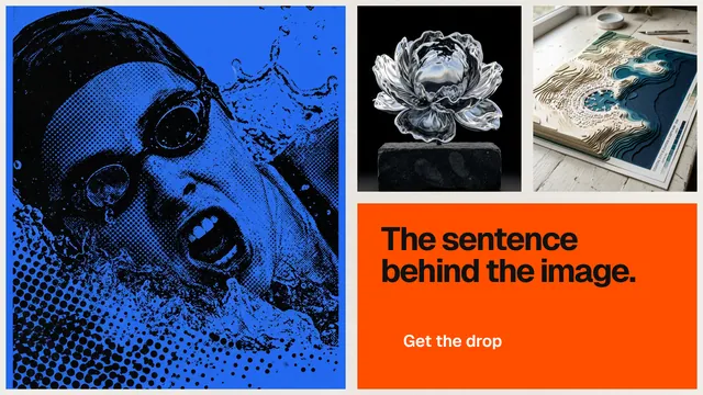 Landscape graphic for HelloPrompts: "The sentence behind the image." Swiss style, collage layout, dark palette in black, blue, red.
