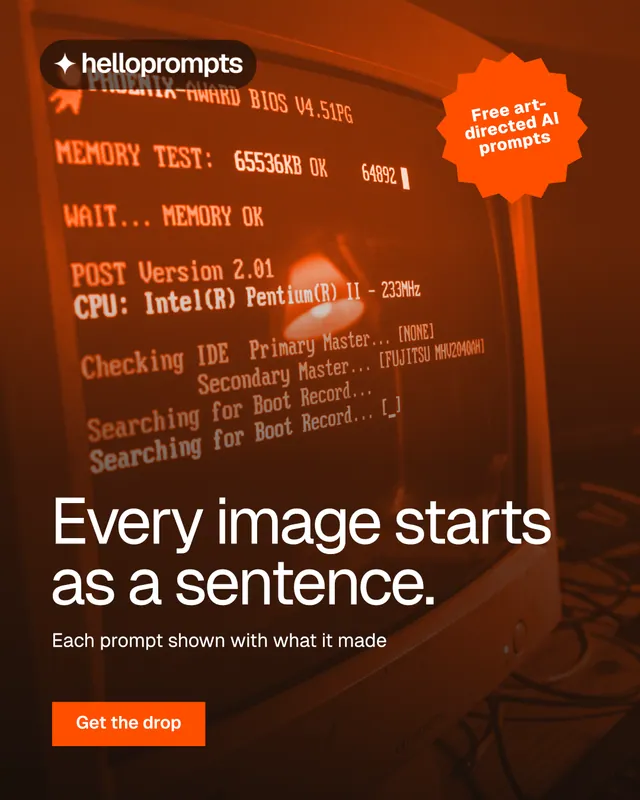 Instagram portrait post for HelloPrompts: "Every image starts as a sentence." Retro print style, sticker layout, dark palette in orange, black, brown.