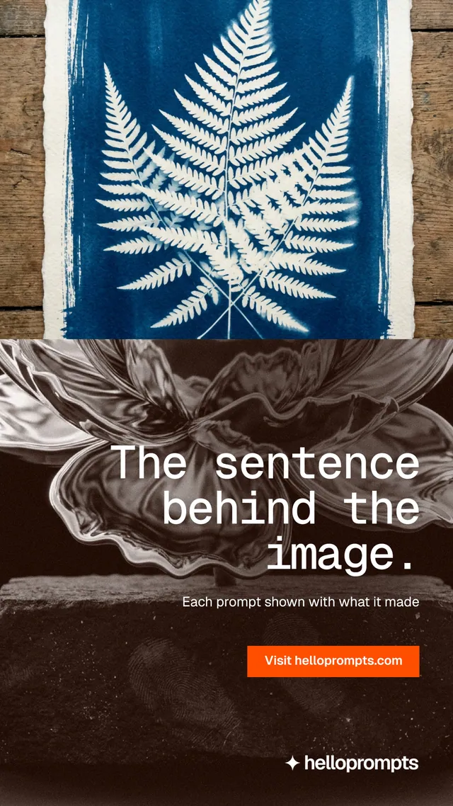 Instagram story for HelloPrompts: "The sentence behind the image." Swiss style, right layout, dark palette in orange, grey, blue.
