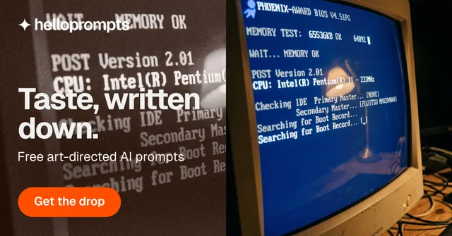 Social ad for HelloPrompts: "Taste, written down." Photo poster style, bottom layout, dark palette in orange, blue, grey.