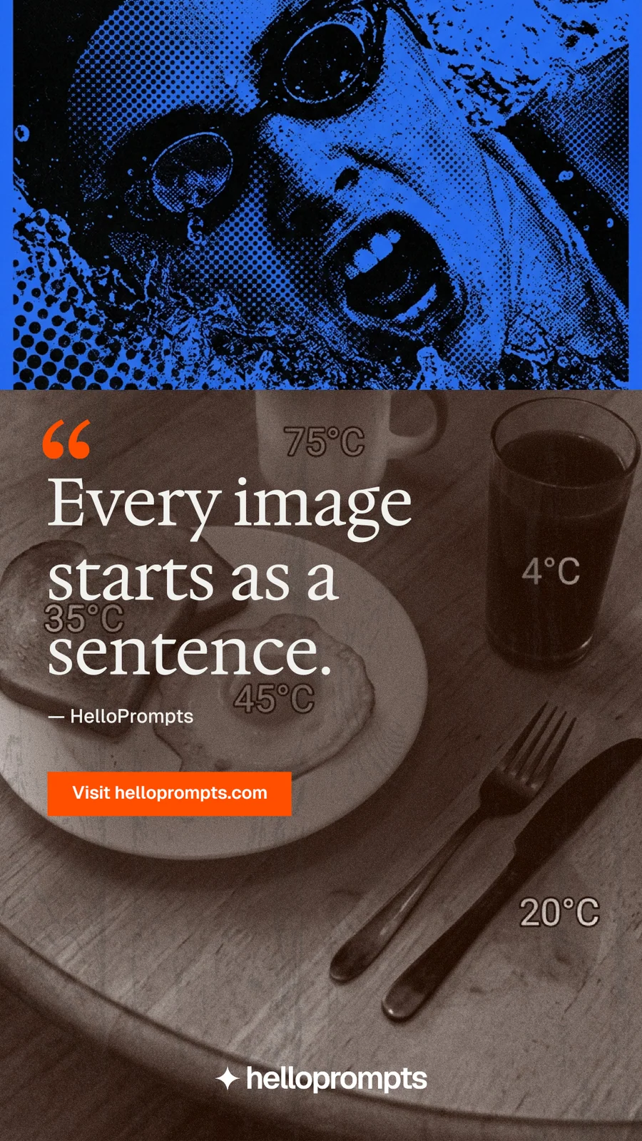 Instagram story for HelloPrompts: "The art of speaking to machines." Swiss style, quote layout, dark palette in orange, grey, blue.