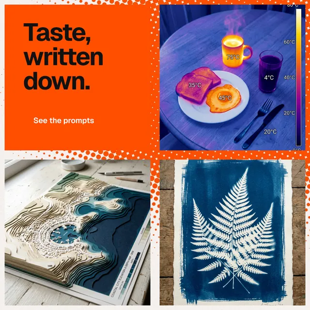 Instagram post for HelloPrompts: "Taste, written down." Swiss style, collage layout, light palette in blue, orange, grey.