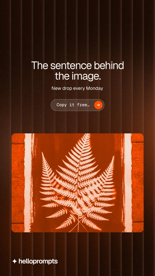 Instagram story for HelloPrompts: "The sentence behind the image." Agentic glass style, centred layout, dark palette in orange, black.