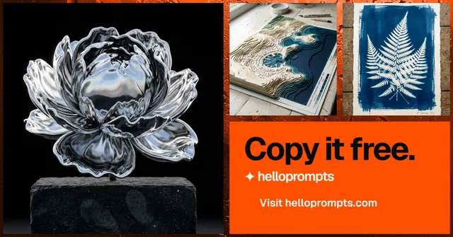 Social ad for HelloPrompts: "Copy it free." Swiss style, collage layout, dark palette in black, orange, grey.