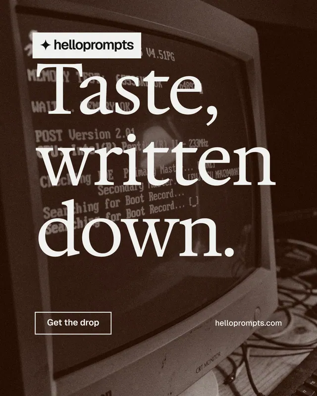 Instagram portrait post for HelloPrompts: "Taste, written down." Editorial style, poster layout, dark palette in orange, black, grey.