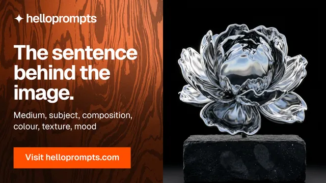 Landscape graphic for HelloPrompts: "The sentence behind the image." Swiss style, bottom layout, dark palette in orange, black.