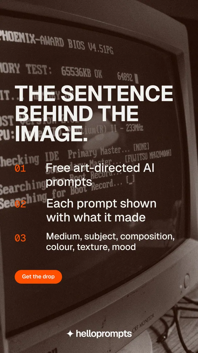 Instagram story for HelloPrompts: "The sentence behind the image." Photo poster style, numbered layout, dark palette in orange, black, grey.