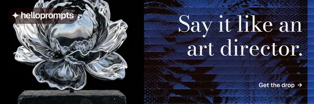 X header for HelloPrompts: "Say it like an art director." Minimal luxury style, right layout, dark palette in blue, black, grey.