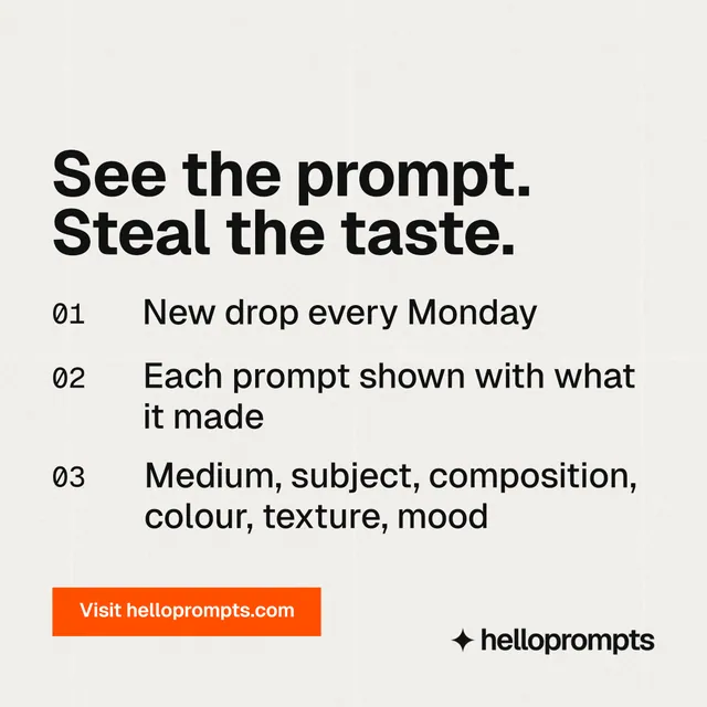 Instagram post for HelloPrompts: "See the prompt. Steal the taste." Swiss style, numbered layout, light palette in white, grey.