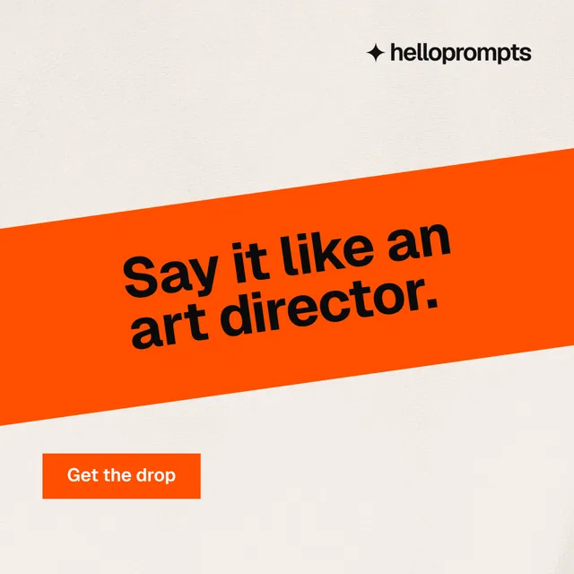 Instagram post for HelloPrompts: "Say it like an art director." Swiss style, diagonal layout, light palette in orange, white.