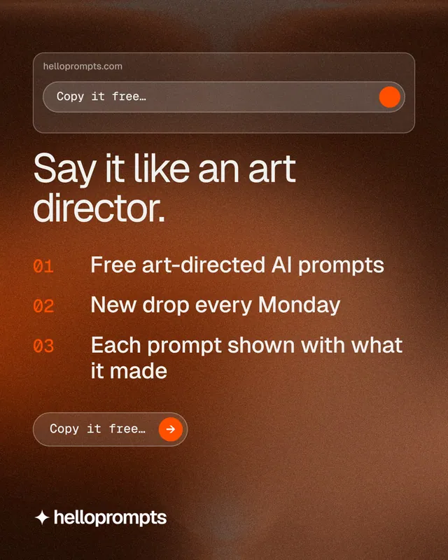 Instagram portrait post for HelloPrompts: "Say it like an art director." Agentic glass style, numbered layout, dark palette in orange, brown.