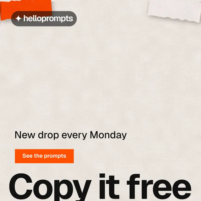 Instagram post for HelloPrompts: "Prompts that show their work." Swiss style, oversized layout, light palette in orange.