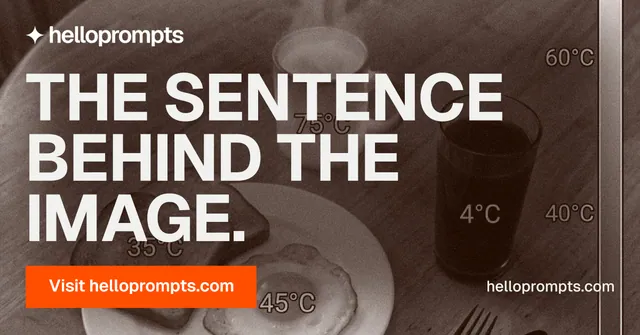 Social ad for HelloPrompts: "The sentence behind the image." Swiss style, poster layout, dark palette in orange, brown, grey.