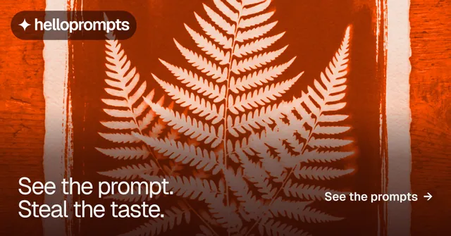 Social ad for HelloPrompts: "See the prompt. Steal the taste." Swiss style, image led layout, dark palette in red, orange.