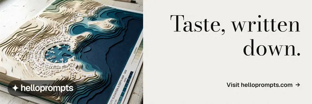 X header for HelloPrompts: "Taste, written down." Minimal luxury style, right layout, light palette in white, grey.