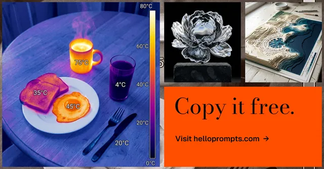 Social ad for HelloPrompts: "Copy it free." Minimal luxury style, collage layout, dark palette in blue, red, grey.