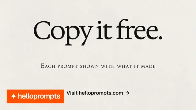 Landscape graphic for HelloPrompts: "Copy it free." Swiss style, smallcaps layout, light palette in yellow, white, orange.