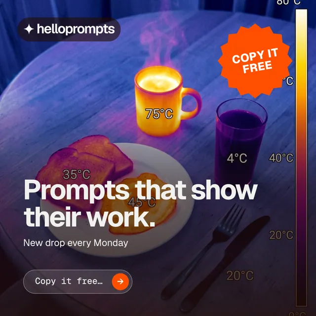 Instagram post for HelloPrompts: "Prompts that show their work." Agentic glass style, sticker layout, dark palette in purple, grey, blue.