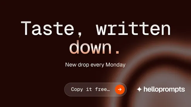 Landscape graphic for HelloPrompts: "Taste, written down." Agentic glass style, centred layout, dark palette in black, red.