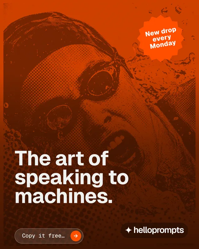 Instagram portrait post for HelloPrompts: "The art of speaking to machines." Agentic glass style, sticker layout, dark palette in orange, brown.