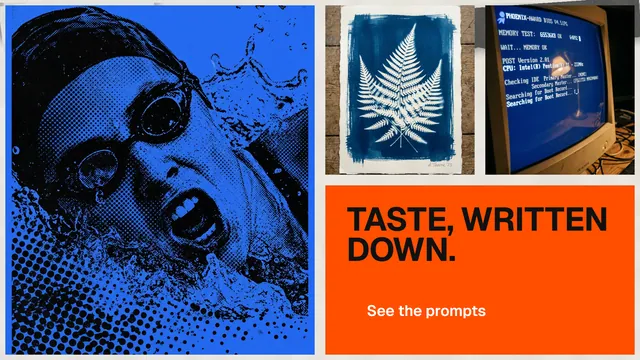Landscape graphic for HelloPrompts: "Taste, written down." Swiss style, collage layout, dark palette in blue, red, grey.