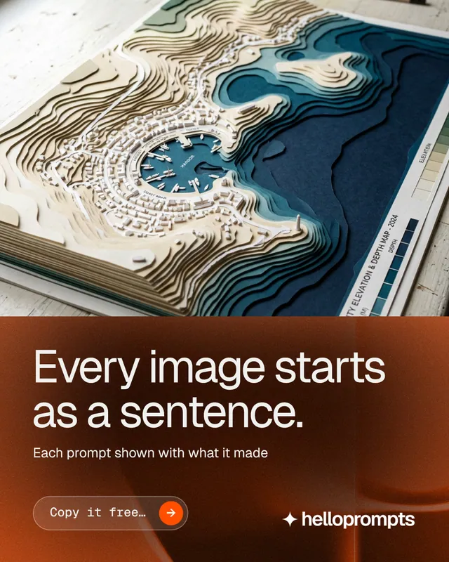 Instagram portrait post for HelloPrompts: "Every image starts as a sentence." Agentic glass style, bottom layout, dark palette in grey, orange, black.