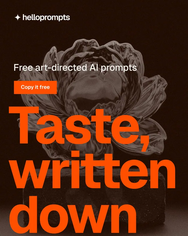 Instagram portrait post for HelloPrompts: "The sentence behind the image." Swiss style, oversized layout, dark palette in black, orange.