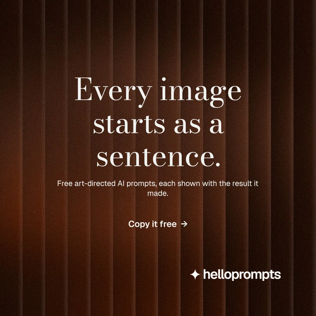 Instagram post for HelloPrompts: "Every image starts as a sentence." Minimal luxury style, centred layout, dark palette in black, orange.