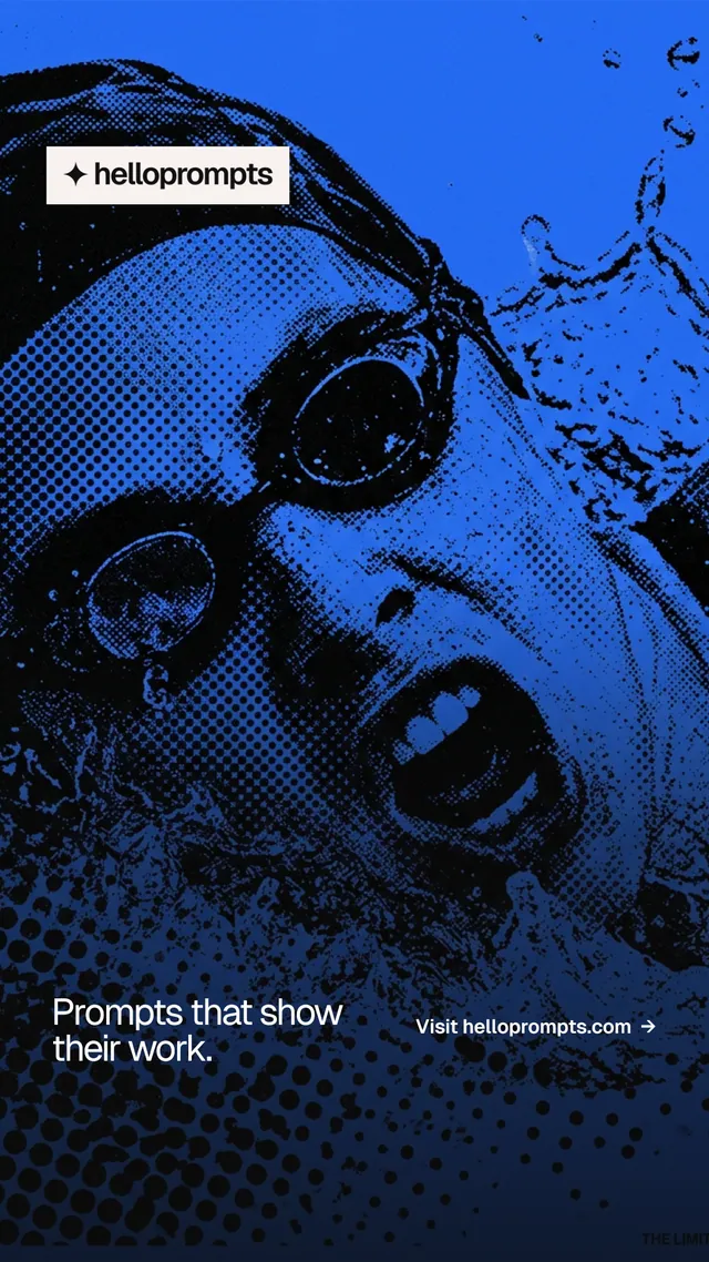 Instagram story for HelloPrompts: "Prompts that show their work." Swiss style, image led layout, dark palette in blue, black.
