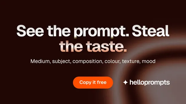 Landscape graphic for HelloPrompts: "See the prompt. Steal the taste." Y2K style, centred layout, dark palette in black, red.