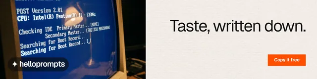 LinkedIn banner for HelloPrompts: "Taste, written down." Swiss style, right layout, light palette in white, blue, grey.