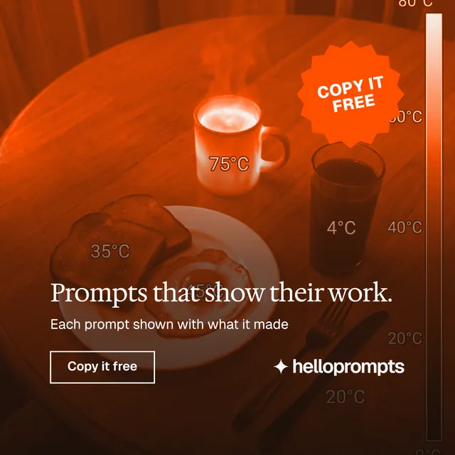 Instagram post for HelloPrompts: "Prompts that show their work." Editorial style, sticker layout, dark palette in black, orange, brown.