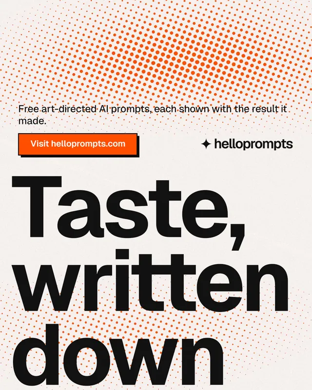 Instagram portrait post for HelloPrompts: "The art of speaking to machines." Brutalist style, oversized layout, light palette in orange, white, grey.