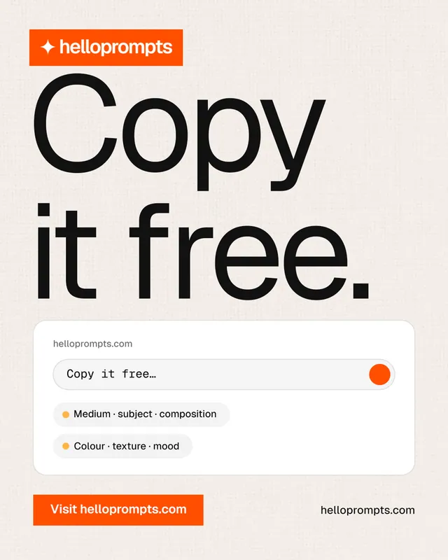 Instagram portrait post for HelloPrompts: "Copy it free." Swiss style, poster layout, light palette in white, orange.