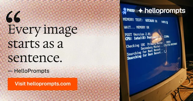 Social ad for HelloPrompts: "Every image starts as a sentence." Swiss style, quote layout, light palette in red, blue, orange.