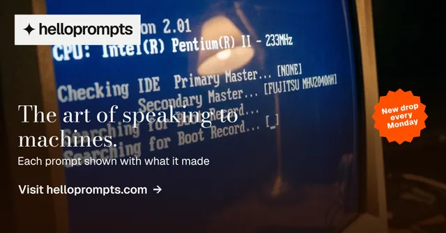 Social ad for HelloPrompts: "The art of speaking to machines." Minimal luxury style, sticker layout, dark palette in blue, grey, black.
