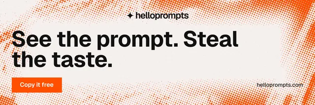 X header for HelloPrompts: "See the prompt. Steal the taste." Swiss style, poster layout, light palette in white, orange.
