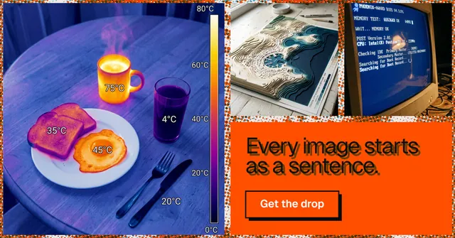 Social ad for HelloPrompts: "Every image starts as a sentence." Brutalist style, collage layout, dark palette in blue, red, grey.