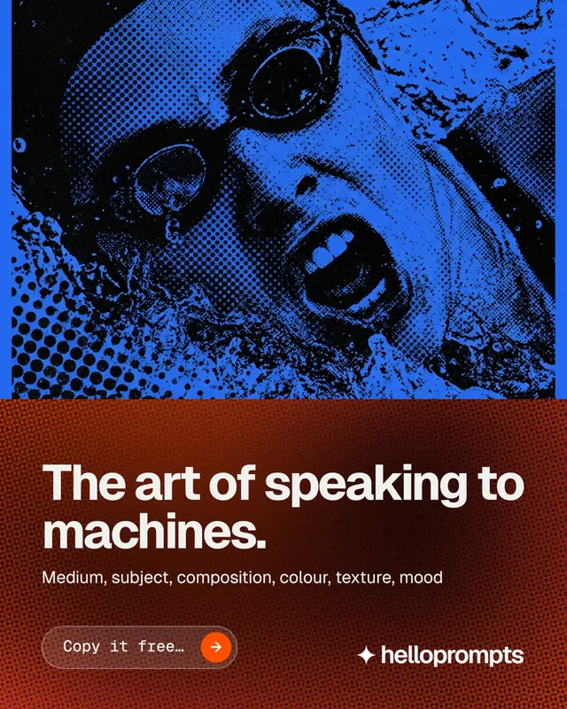 Instagram portrait post for HelloPrompts: "The art of speaking to machines." Agentic glass style, bottom layout, dark palette in red, black, blue.