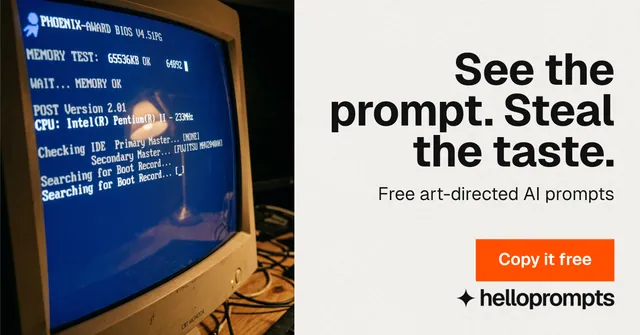 Social ad for HelloPrompts: "See the prompt. Steal the taste." Swiss style, right layout, light palette in white, blue, grey.