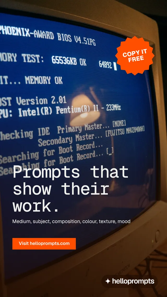 Instagram story for HelloPrompts: "Prompts that show their work." Swiss style, sticker layout, dark palette in orange, blue, grey.