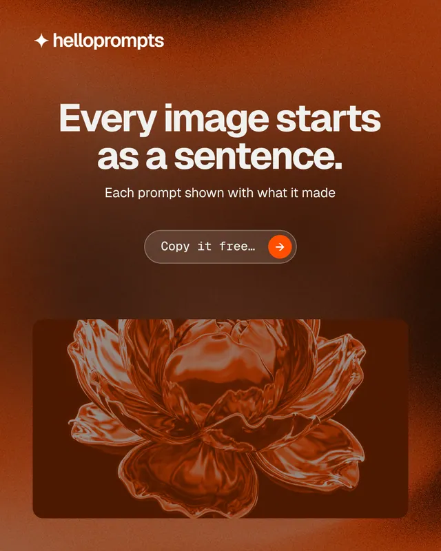 Instagram portrait post for HelloPrompts: "Every image starts as a sentence." Agentic glass style, centred layout, dark palette in orange, brown.