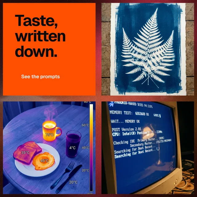 Instagram post for HelloPrompts: "Taste, written down." Swiss style, collage layout, dark palette in blue, red, grey.