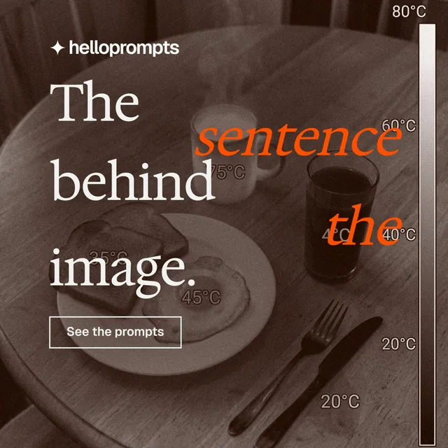 Instagram post for HelloPrompts: "The sentence behind the image." Editorial style, stacked layout, dark palette in orange, grey.