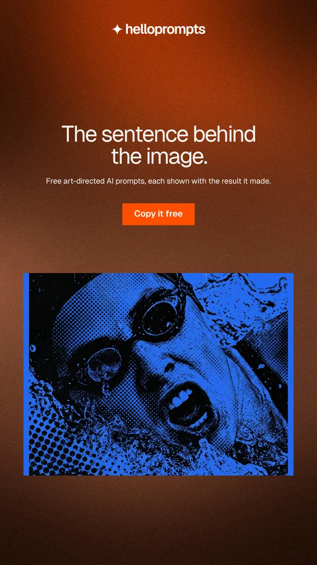 Instagram story for HelloPrompts: "The sentence behind the image." Swiss style, centred layout, dark palette in orange, black, blue.