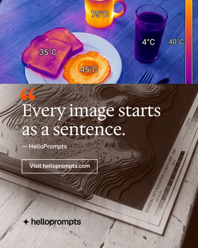 Instagram portrait post for HelloPrompts: "See the prompt. Steal the taste." Editorial style, quote layout, dark palette in grey, blue, pink.