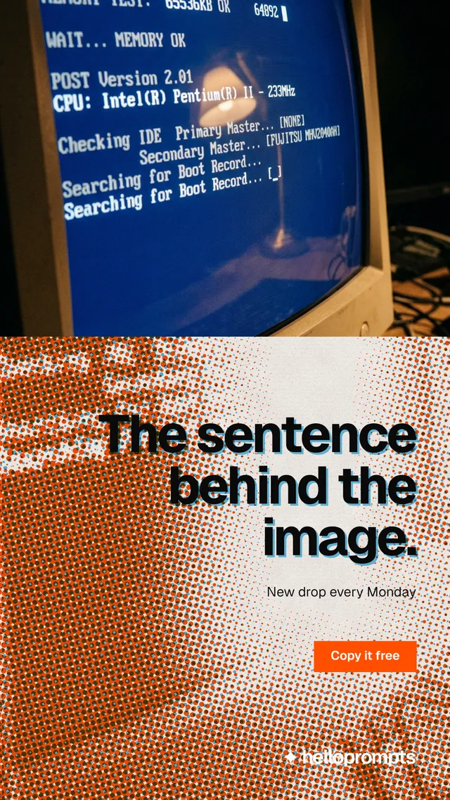 Instagram story for HelloPrompts: "The sentence behind the image." Swiss style, right layout, dark palette in blue, orange.