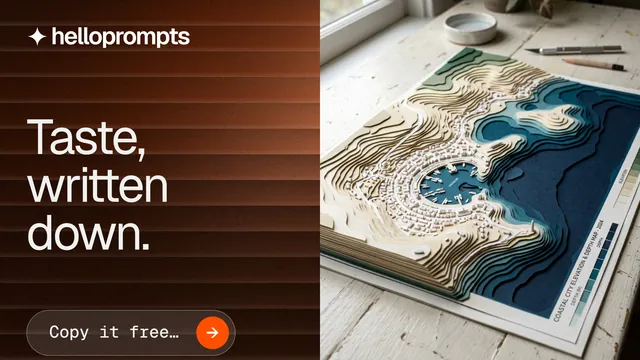 Landscape graphic for HelloPrompts: "Taste, written down." Agentic glass style, bottom layout, dark palette in grey, black, orange.