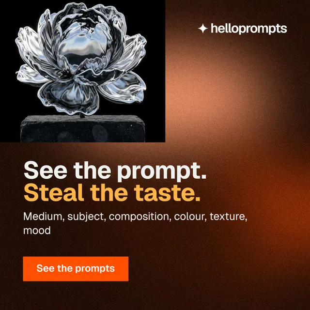 Instagram post for HelloPrompts: "See the prompt. Steal the taste." Swiss style, skeleton layout, dark palette in orange, black, brown.