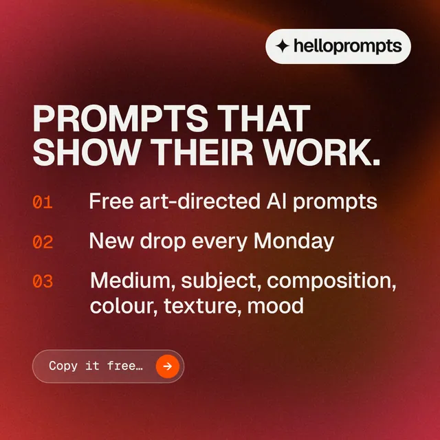 Instagram post for HelloPrompts: "Prompts that show their work." Agentic glass style, numbered layout, dark palette in red, grey.